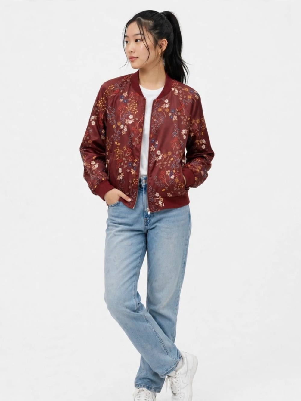 love, Fire Burgundy Floral Bomber Jacket